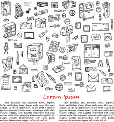 Post office doodle  card template. Hand drawn vector collection. Post and delivery icons.
