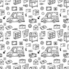  Post office doodle seamless pattern. Hand drawn vector collection. Post and delivery icons.