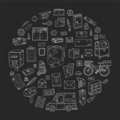  Post office doodle circle composition. Hand drawn vector collection. Post and delivery icons.