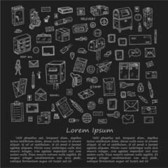 Post office doodle  card template. Hand drawn vector collection. Post and delivery icons.