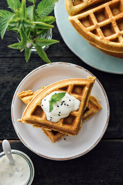 Food: Savoury Chickpea Waffles with lemon mint yogurt and black cumin
