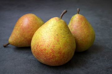 three ripe pears on a gray table. The pear is popular as a dessert or delicacy, and is high in sugar and fiber.