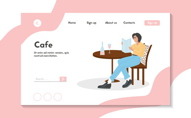 Young woman in modern clothes sitting at cafe or restaurant vector flat cartoon landing page design.