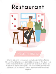 Happy woman in modern clothes sitting at the restaurant or cafe vector flat cartoon card template with text.