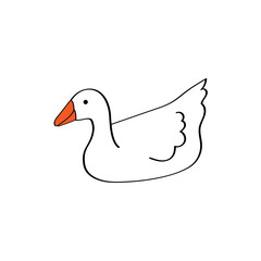 Cute line goose swimming on isolated white background. Vector illustration in cartoon style for logo, icon or kids educational cards