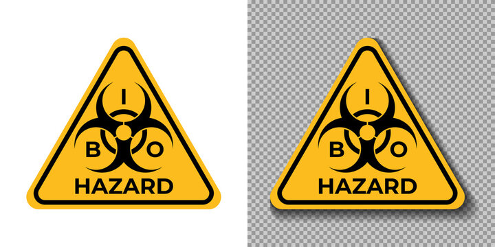 Biohazard road sign, symbol, icon, logo. Triangle yellow sign of Biohazard alert on white and trasparent background. Vector illustration