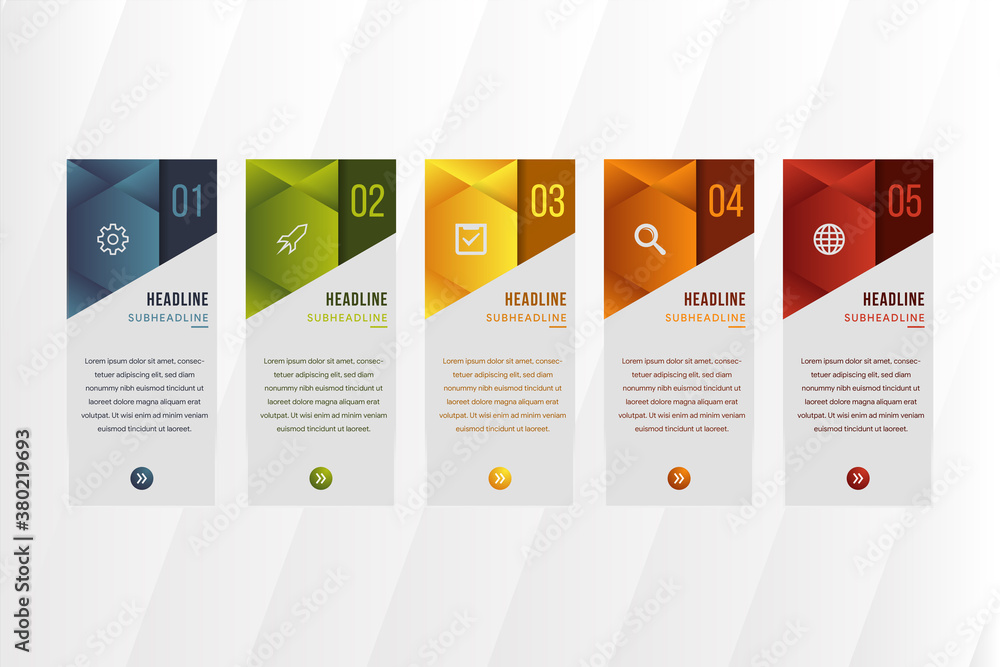 Poster five step infographic design template use vertical rectangle layout background. triangle and hexagon