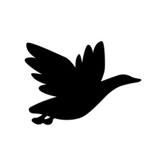 Black silhouette of flying migratory bird on isolated white background. Vector illustration for icon, logo or printing on any surface.