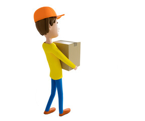3D rendering. A man in uniform from a delivery service with a box in his hands.