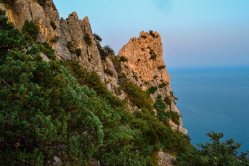 large sharp stones, rocks, cliff among green trees, bushes, forests in the warm orange light of the setting sun. Crimea. Summer landscape. Black sea backdrop, blue sky