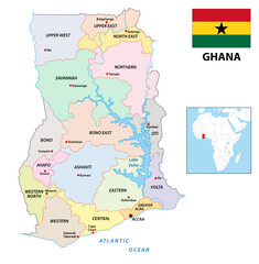 Naklejka premium new administrative vector map of Ghana with flag, 2019