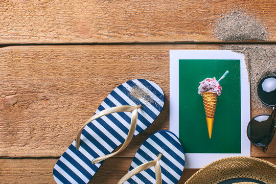 Ice cream photo with related beach objects. Summertime.