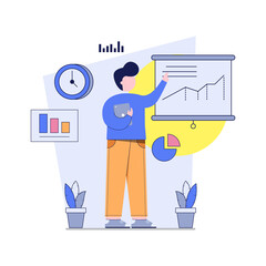 Flat Design Concept. A confident Businessman explain charts and diagrams