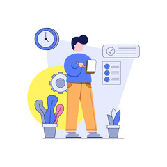 Flat Design Concept. Businessman do checking the check list of jobs.