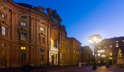 Fototapeta na wymiar View of Baroque building of Palazzo Carignano in Turin at dusk, Italy