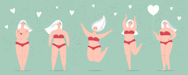 A happy beautiful plump women in a swimsuit holding a heart-shaped balloon,dancing,jumping,hugs herself. Concept of body positivity, self-love, overweight. Flat vector female character