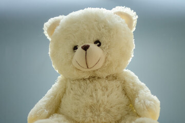 Toy white teddy bear on a blue background in backlight