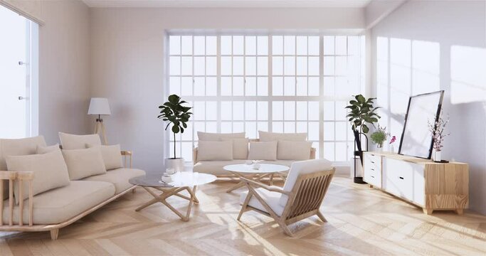 Cabinet and Armchair on room white wall, minimalist and zen interior.3d rendering