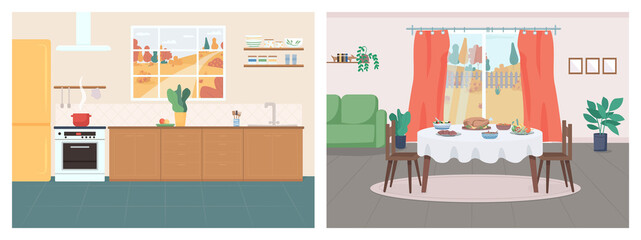 Cozy home flat color vector illustration set. Kitchen in household. Thanksgiving serving on table in living room. House 2D cartoon interior with autumn in window on background collection