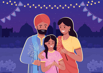 Happy indian family flat color vector illustration. Traditional Hindu holiday celebration. Parents with child in national clothes. Relatives 2D cartoon characters with cityscape on background