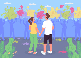 Couple at Holi fest flat color vector illustration. Boy and girl watch performance. Traditional Indian festival. Boyfriend and girlfriend 2D cartoon characters with crowd of people on background