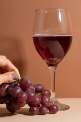 Close-up of the wineglass with red wine and bunch of grape. Girl gingers touch the grape. Food and drink concept.
