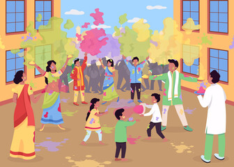 Holi celebration flat color vector illustration. Traditional religious event in India. People play with powder paint. Hindu festival. Indian 2D cartoon characters with landscape on background