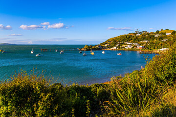 Fototapeta premium Snow-white scenic yachts at sunset
