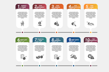 Infographic Risk Management template. Icons in different colors. Include Market Trend, Investment, Risk Capital, Risk Identification and others.