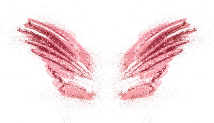 Pink glitter on abstract pink watercolor wings on white background, beautiful shiny feathers