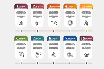 Infographic Startup template. Icons in different colors. Include Partnership, Precision, Career, Creativity and others.