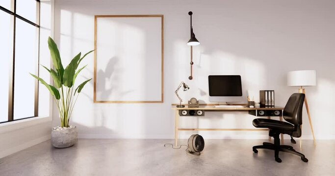 The interior Computer and office tools on desk in white concrete floor and white brick wall design. 3D rendering