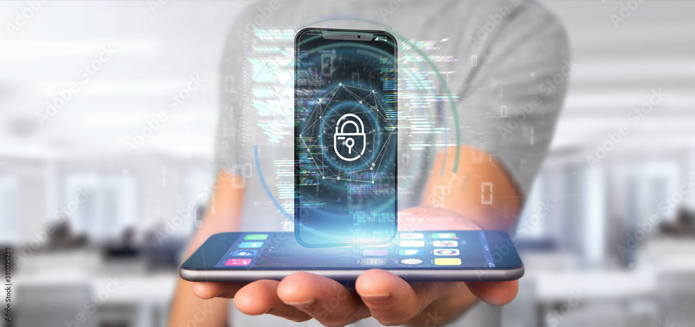 Poster businessman holding security data and smartphone security - 3d rendering