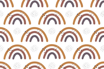 Obraz premium Scandinavian style rainbow seamless pattern with abstract shapes and elements. Cute abstract rainbows in nordic colors on white background.