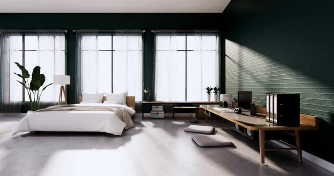 The Modern loft Bedroom interior with Computer and office tool on desk. 3D rendering