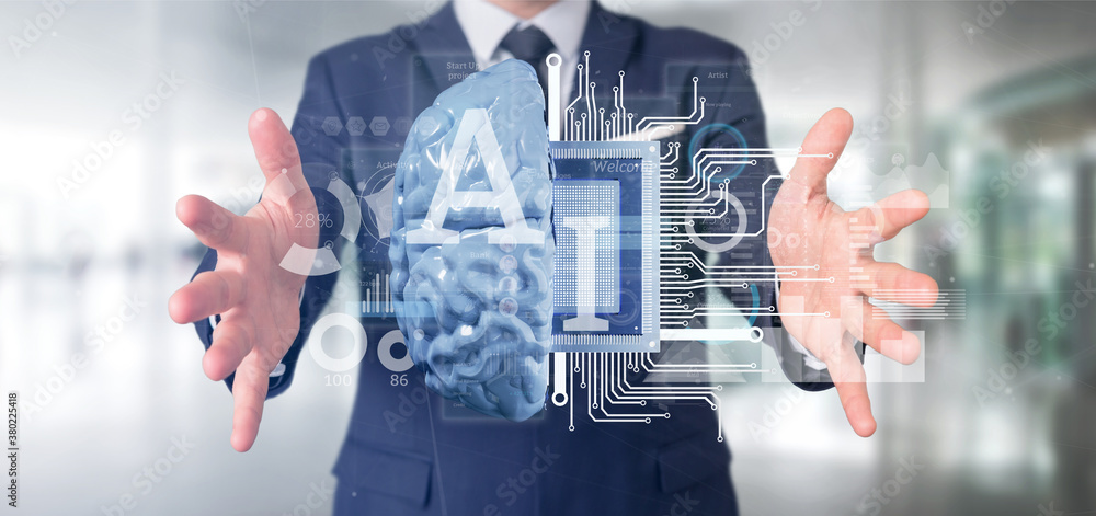 Poster business man holding artificial intelligence icon with half brain and half circuit 3d rendering