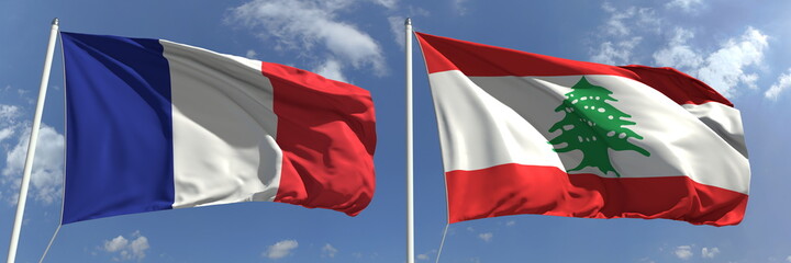 Flying flags of France and Lebanon on high flagpoles. 3d rendering