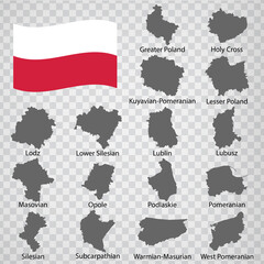 Sixteen Maps Regions of Poland - alphabetical order with name. Every single map of Province are listed and isolated with wordings and titles. Republic of Poland. EPS 10.