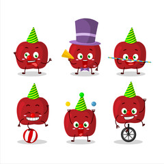 Cartoon character of red apple with various circus shows