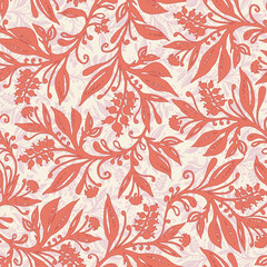 Floral seamless pattern with leaves and berries in coral, red, pink, cream colors, hand-drawn and digitized. Design for wallpaper, textile, fabric, wrapping, background.