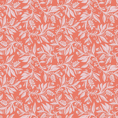 Floral seamless pattern with leaves and berries in coral and pink colors, hand-drawn and digitized. Design for wallpaper, textile, fabric, wrapping, background.