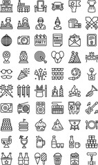 party related characters, piano, guitar, popcorn, ice cream, cake, wine glass, dresses, microphone, location, burger, camera, pizza slice, calendar, gift box and envelope, vector in lineal style,