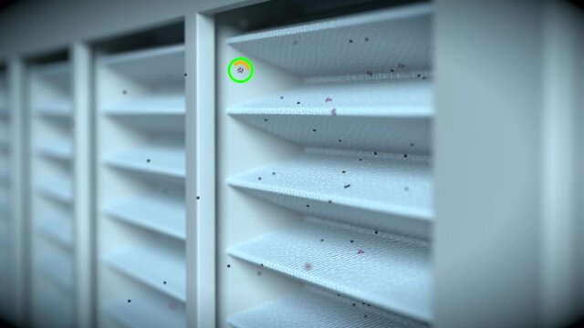 HEPA filter catching COVID19 virus and fine particles. The process of attaching fine dust and COVID19 virus to the filter by airflow is expressed in 3D video.