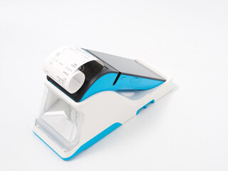 stylish portable cash register with stand GR code scanner on white background