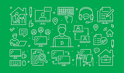 Fototapeta na wymiar Work from home concept with line icons. Vector green horizontal illustration included icon - freelance worker with laptop, workplace pc monitor, business man outline pictogram for remote job brochure