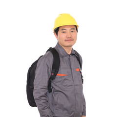A migrant worker carrying a schoolbag on a trip in front of a white background