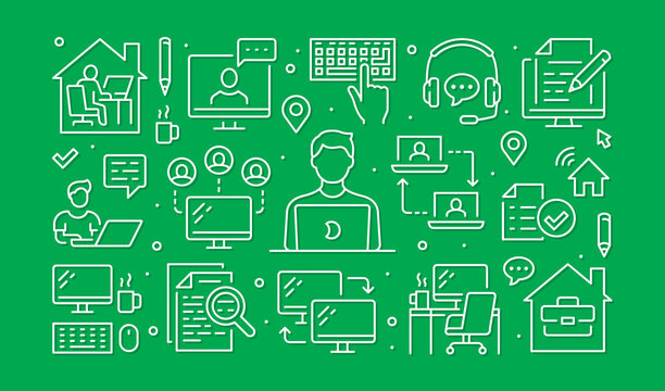 Work from home concept with line icons. Vector green horizontal illustration included icon - freelance worker with laptop, workplace pc monitor, business man outline pictogram for remote job brochure