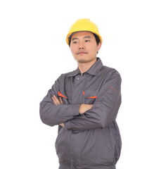 Laborer in yellow hard hat holding his arms standing in front of white background