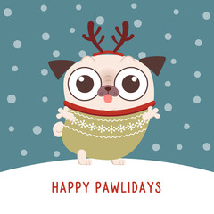 Cute and funny pug character for Christmas, wearing sweater and deer horn headband. Falling snow background.
