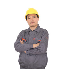 Laborer in yellow hard hat holding his arms standing in front of white background